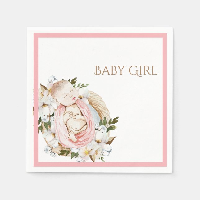 Pretty Pink Floral Baby Girl Baby Shower Napkin (Front)