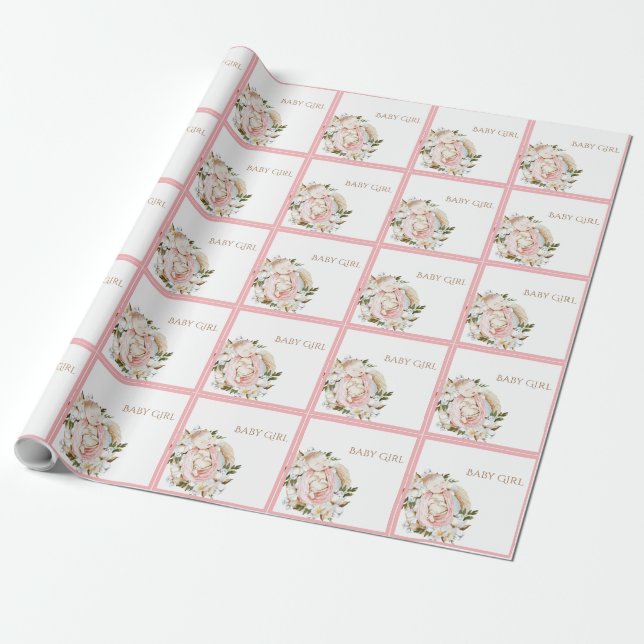 Pretty Pink Floral Baby Girl Wrapping Paper (Unrolled)