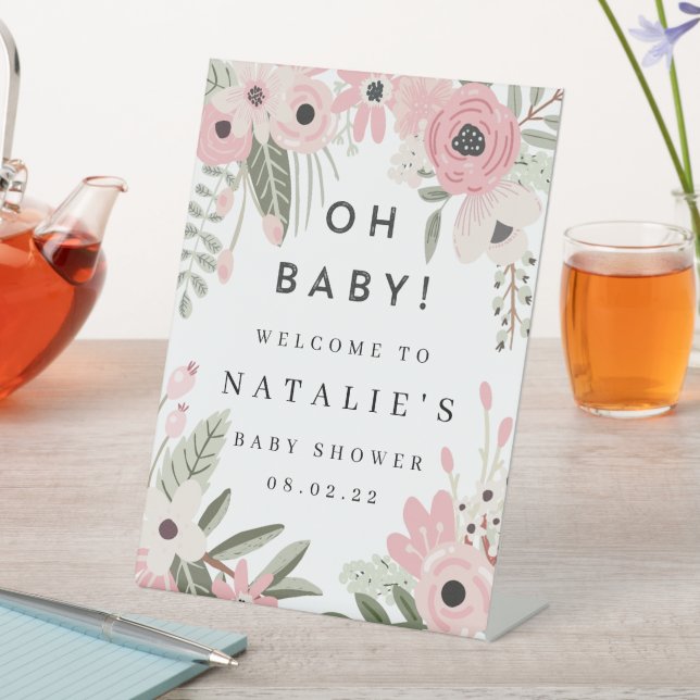 Pretty Pink Floral Baby Shower Welcome Pedestal  Sign (In SItu)
