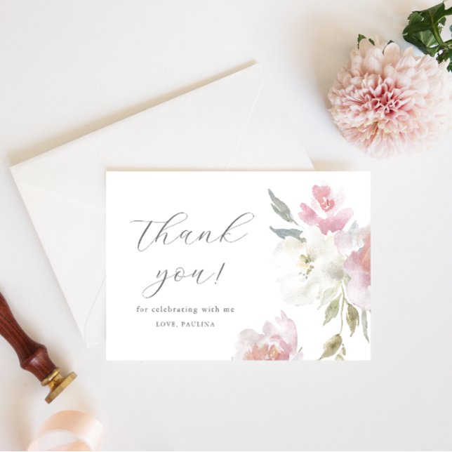 Pretty Pink Floral Birthday Quinceañera Thank You  Invitation (Creator Uploaded)