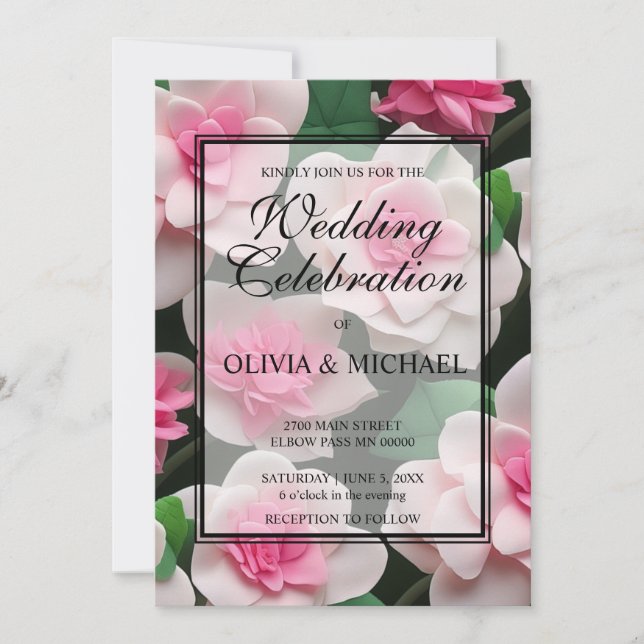 Pretty pink floral boho greenery pattern invitation (Front)