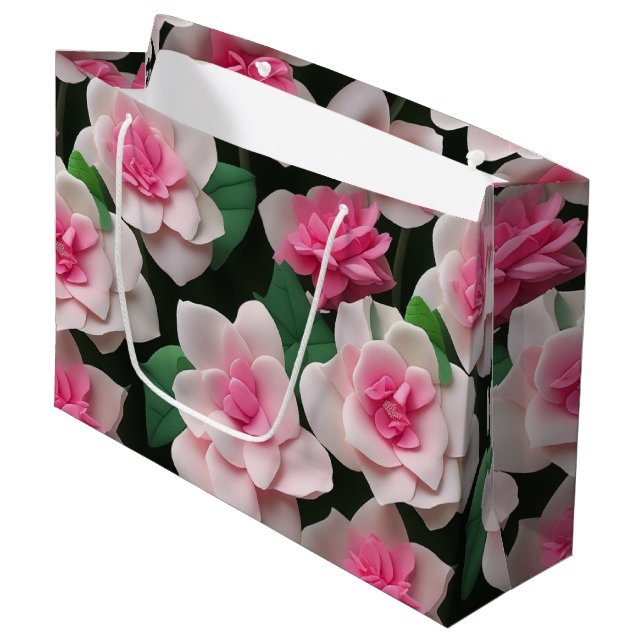 Pretty pink floral boho greenery pattern large gift bag (Front Angled)