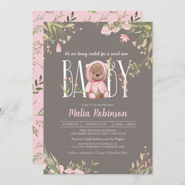 Pretty Pink Floral Boho Teddy Bear Baby Shower Inv Invitation (Front/Back)