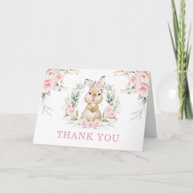 Pretty Pink Floral Bunny Rabbit Baby Girl Folded Thank You Card (Front)