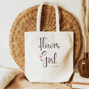 Pretty Pink Floral Caligraphy Flower Girl Tote Bag