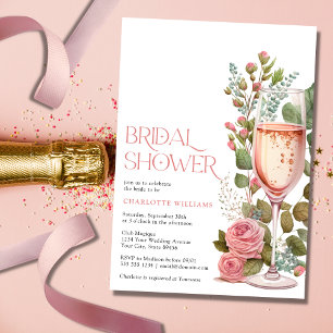 Pretty Pink Floral Champagne Glass Bridal Shower Invitation