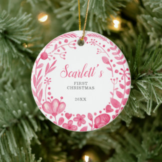 Pretty Pink Floral Custom Baby's First Christmas Ceramic Tree Decoration