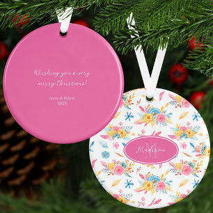 Pretty Pink Floral Custom Greeting Christmas Tree Ornament
