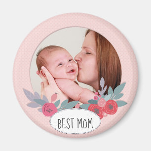 Pretty Pink Floral Custom Photo Best Mom Magnet