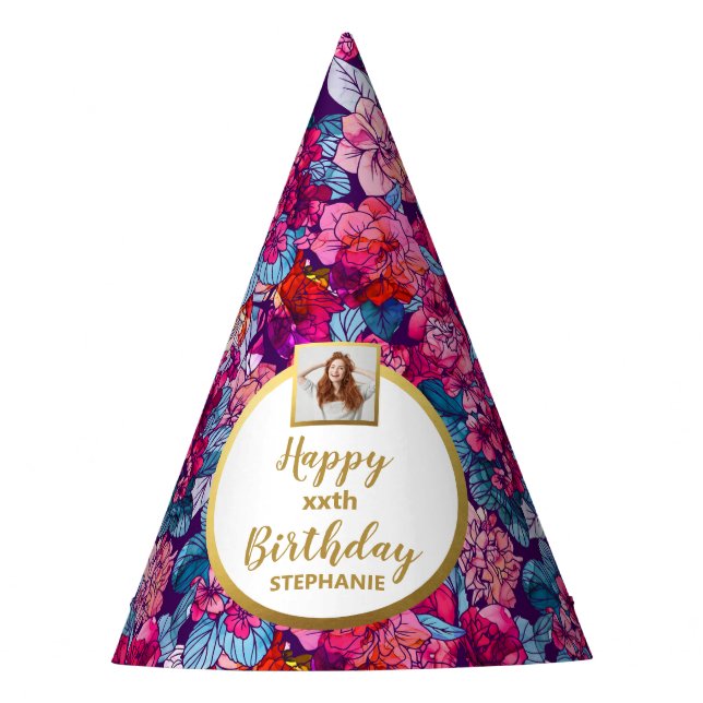 Pretty Pink Floral Custom Photo Happy Birthday Party Hat (Front)