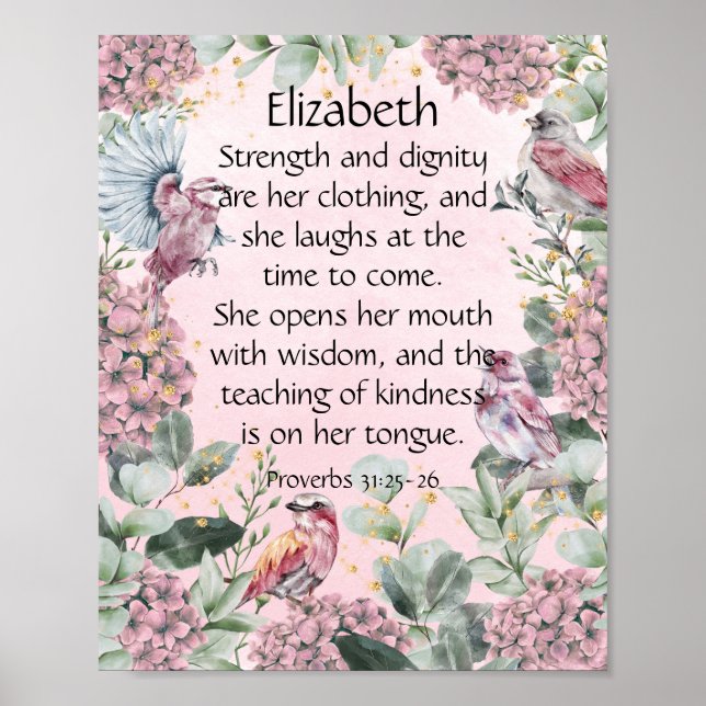 Pretty Pink Floral Garden Birds Proverbs 31 Bible Poster (Front)