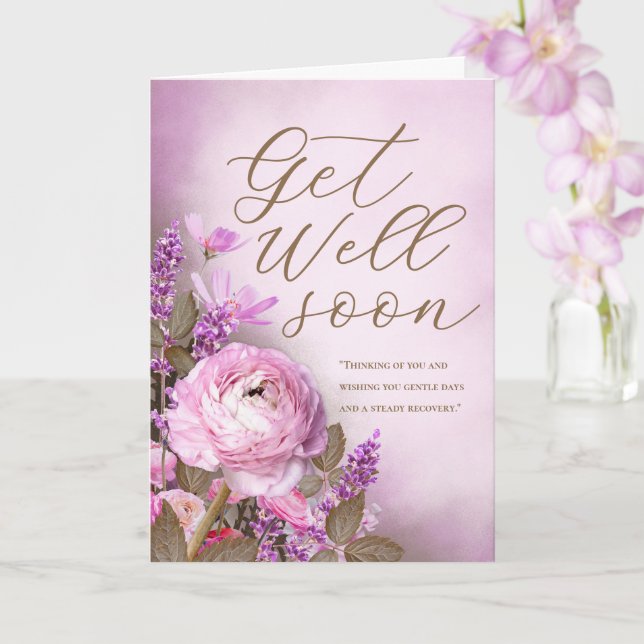 Pretty Pink Floral Get Well Soon Personalized Card (Orchid)