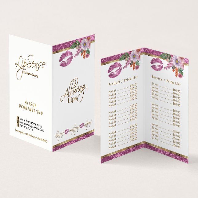 Pretty Pink Floral Glitter Lip Price and Service Business Card (Inside and Outside)