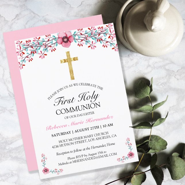 Pretty Pink Floral Gold Cross First Holy Communion Invitation (Creator Uploaded)