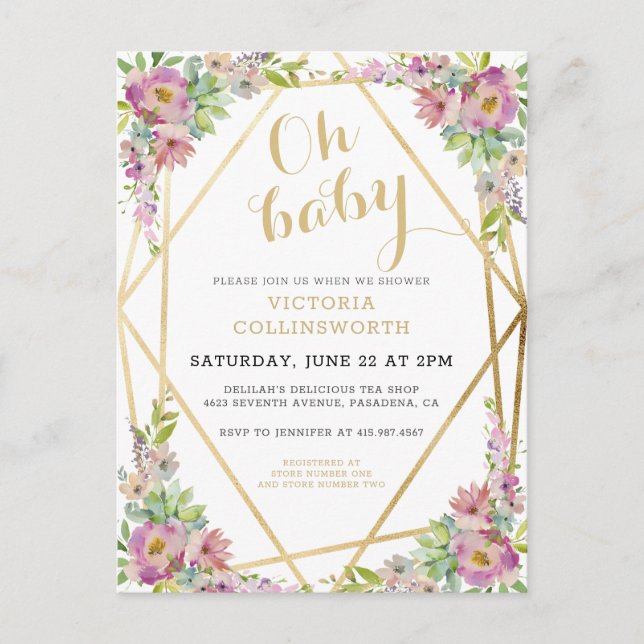  Pretty Pink Floral Gold Geometric Baby Shower  In Invitation Postcard (Front)