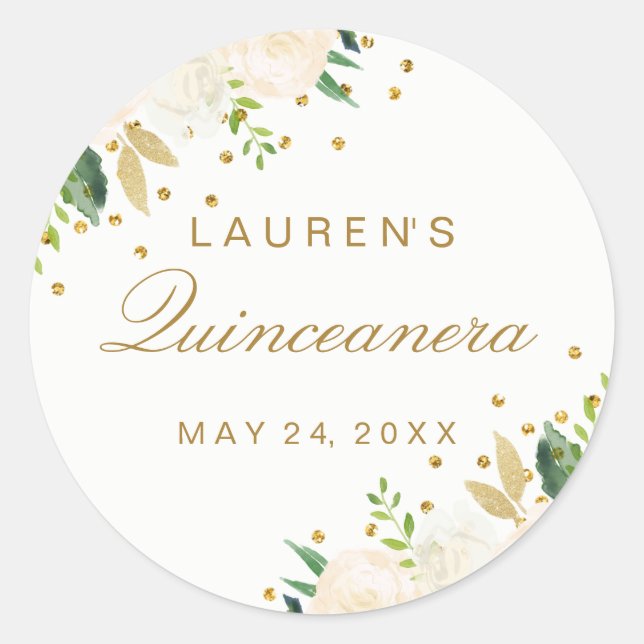 Pretty Pink floral Gold Glitter Quinceanera Classic Round Sticker (Front)