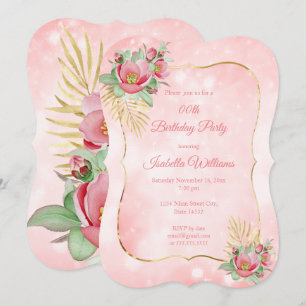 Pretty pink floral Gold palm Birthday Party Invitation