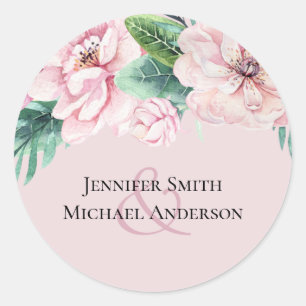 Pretty Pink Floral Green Leaves Wedding Budget Classic Round Sticker
