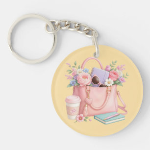 Pretty Pink Floral Handbag with Yellow Background Key Ring