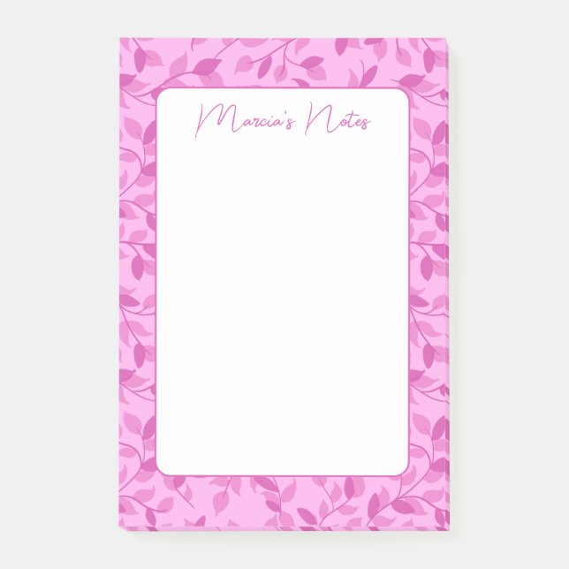 Pretty Pink Floral Leaves Modern Personalised Post-it Notes (Front)