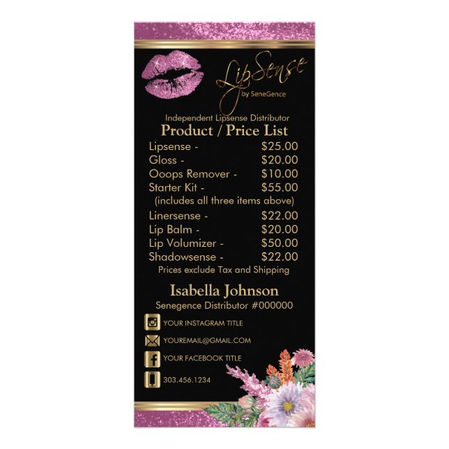 Pretty Pink Floral Lip Glitter - Black  Price List Rack Card (Front)
