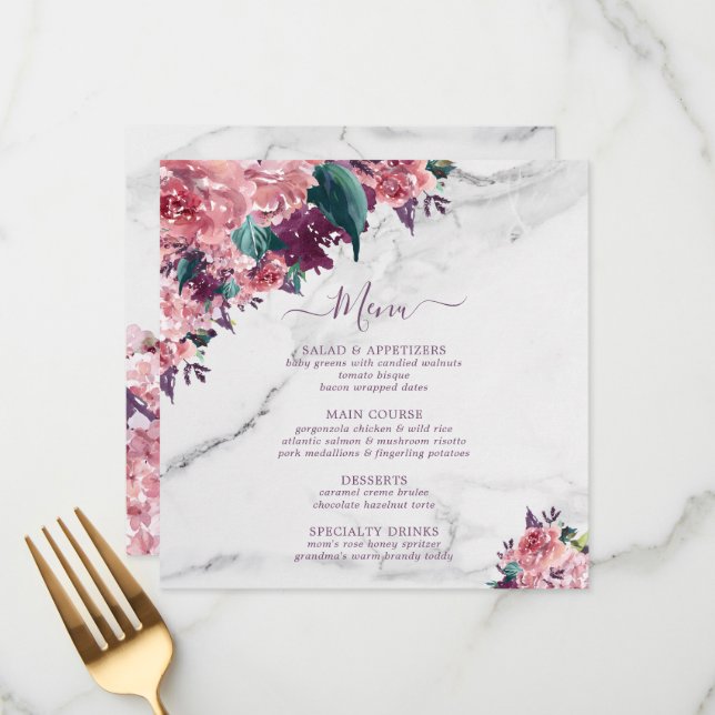 Pretty Pink Floral Marble Mothers Day Menu (Front/Back In Situ)