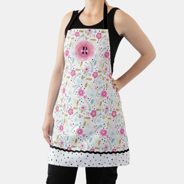 Pretty Pink Floral Monogram All-Over Print Apron (Insitu)