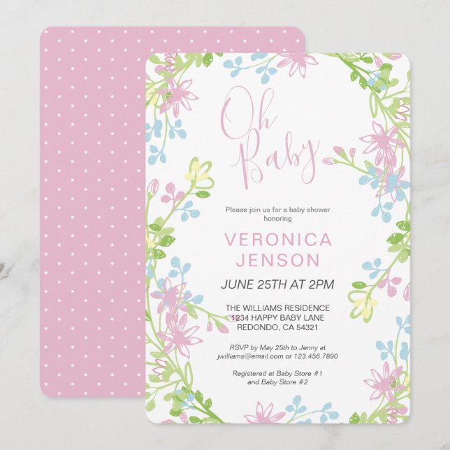 Pretty Pink Floral Oh Baby Girl Baby Shower Invitation (Front/Back)
