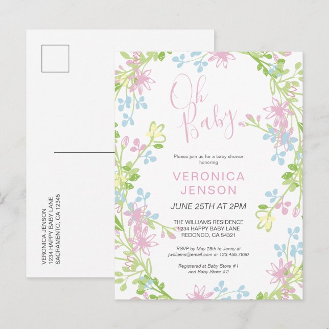 Pretty Pink Floral Oh Baby Girl Baby Shower  Invitation Postcard (Front/Back)