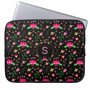 Pretty Pink Floral on Black Monogram Laptop Sleeve