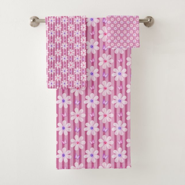 Pretty Pink Floral Pattern Bath Towel Set (Insitu)