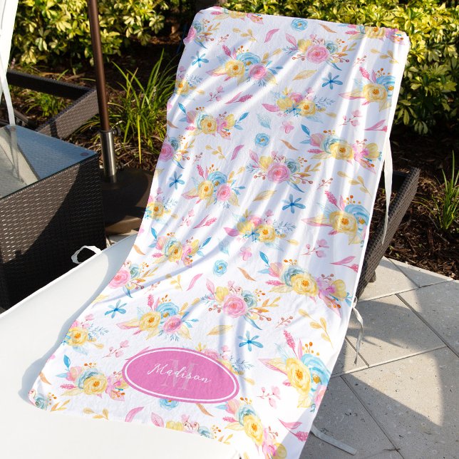 Pretty Pink Floral Pattern Monogrammed Beach Towel (Creator Uploaded)