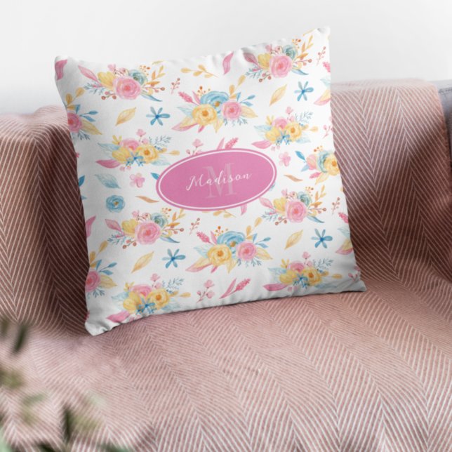 Pretty Pink Floral Pattern Monogrammed Cushion (Creator Uploaded)
