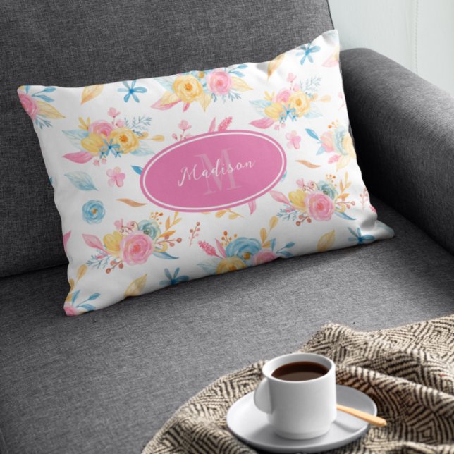 Pretty Pink Floral Pattern Monogrammed Decorative Cushion (Creator Uploaded)
