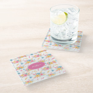 Pretty Pink Floral Pattern Monogrammed KItchen Glass Coaster