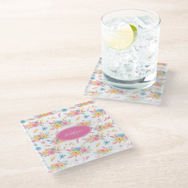 Pretty Pink Floral Pattern Monogrammed KItchen Glass Coaster (Angled)