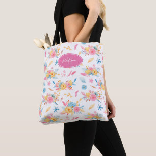 Pretty Pink Floral Pattern Monogrammed Tote Bag