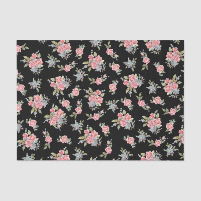 Pretty pink floral pattern on black tissue paper (Front)