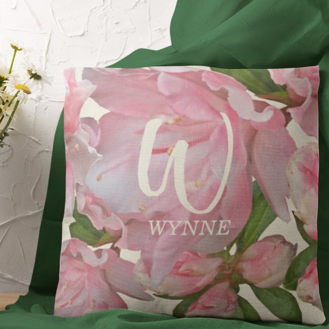 Pretty Pink Floral Photo Ivory Monogram Name Cushion (Creator Uploaded)
