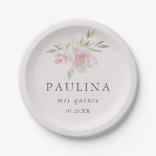Pretty Pink Floral Quinceanera Date and Name Paper Plate