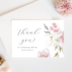 Pretty Pink Floral Quinceañera Photo Thank You Invitation