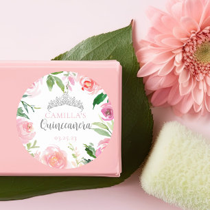 Pretty Pink Floral Quinceañera Silver Tiara Party Classic Round Sticker
