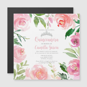 Pretty Pink Floral Quinceañera Silver Tiara Square Magnetic Invitation