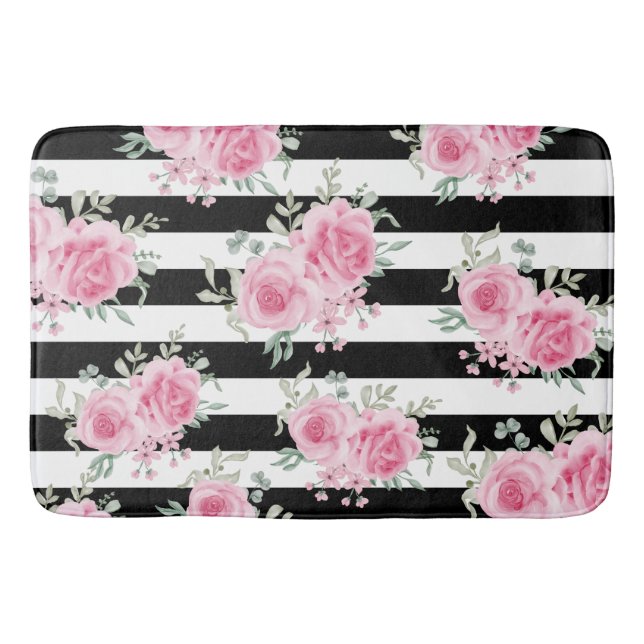 Pretty Pink Floral Rose Black Stripes Baby Blanket Bath Mat (Front)