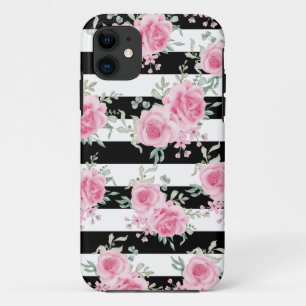 Pretty Pink Floral Rose Black Stripes Case-Mate iPhone Case
