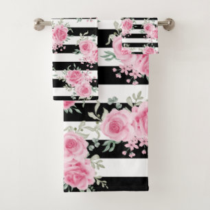 Pretty Pink Floral Roses Black Stripes Watercolor Bath Towel Set