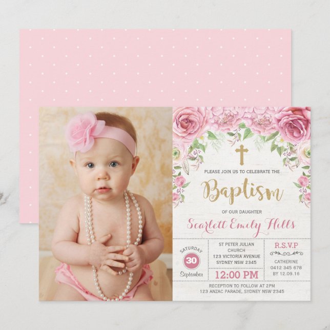 Pretty Pink Floral Roses Girl Baptism Photo Invitation (Front/Back)