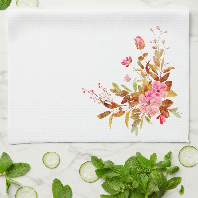 Pretty Pink Floral Roses Leaves Tea Towel (Folded)