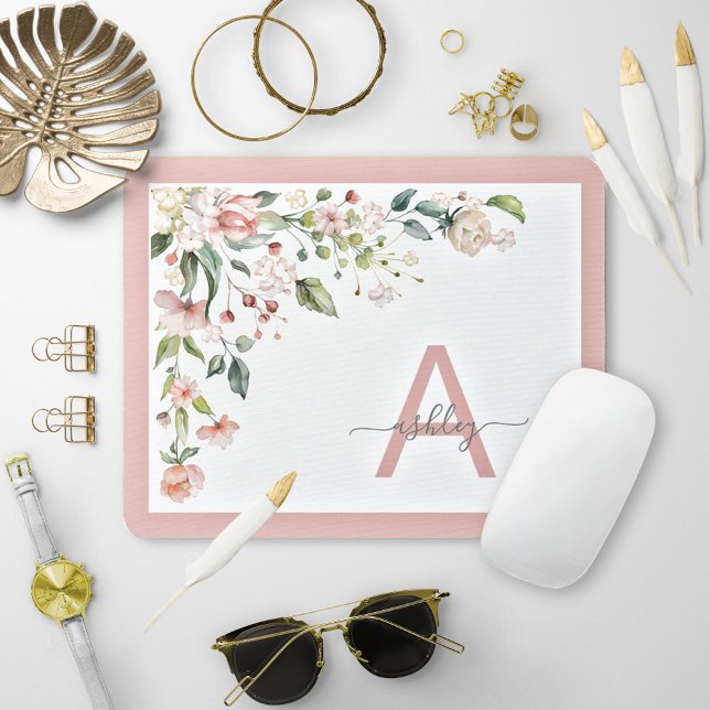 Pretty Pink Floral Script Monogram Initial Name Mouse Pad (Creator Uploaded)