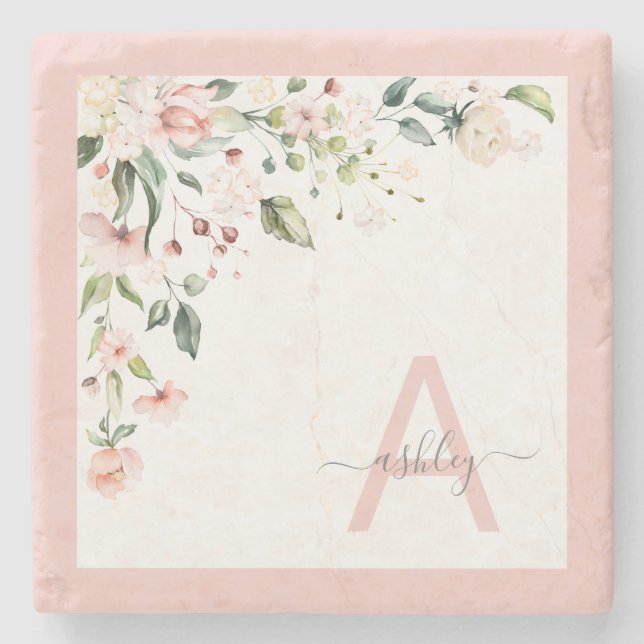 Pretty Pink Floral Script Monogram Initial Name Stone Coaster (Front)